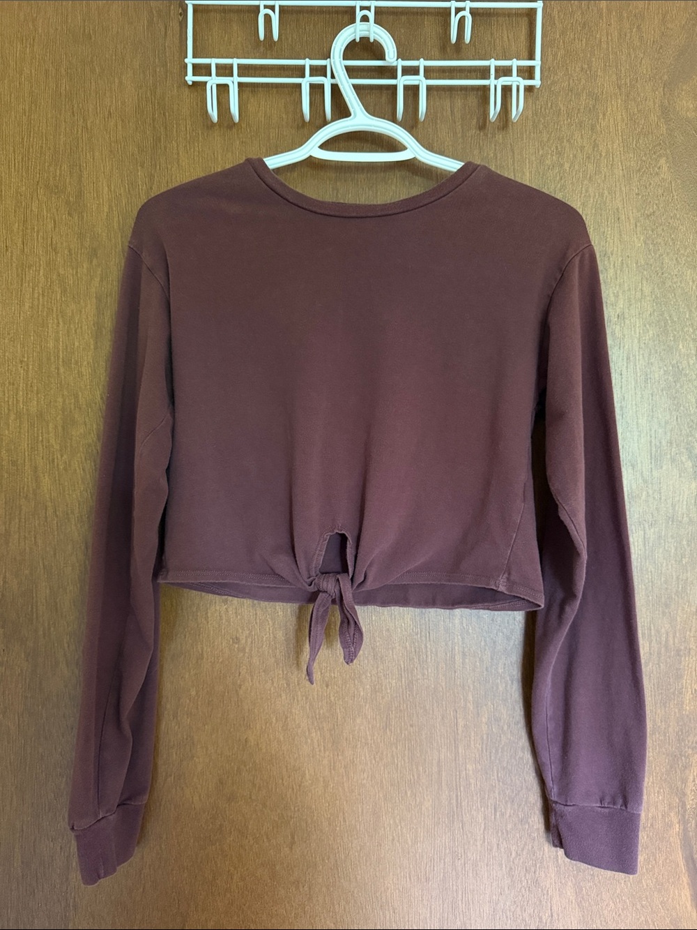 Brown Cropped Tie-Front Long Sleeve Shirt